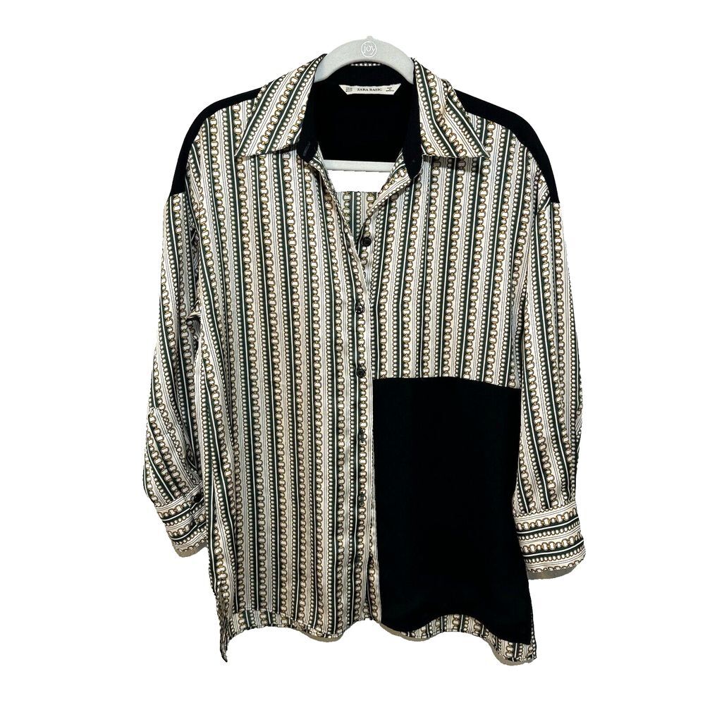 Zara Basic Womens Size XS Long Sleeve Color Block‎ Chain Print Button Blouse Top